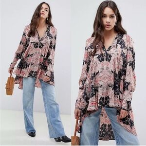 Free People Field of Butterflies Tunic Top - Red/Black/Tan - Size Extra Small XS